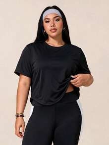 Rhythm Era Women's Plus Size Solid Color Crew Neck Short Sleeve Sports T-Shirt - Black - View 6