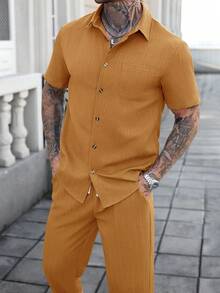 Manfinity Homme 純色紋理條紋休閒度假短袖襯衫與長褲兩件套 - 橘色 - 查看 6