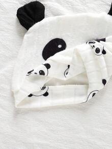 SHEIN 2件套男婴熊猫印花针织长袖连体衣和3D立体耳朵帽套装，适合春、秋、冬季穿着。 - 黑與白 - 查看 11