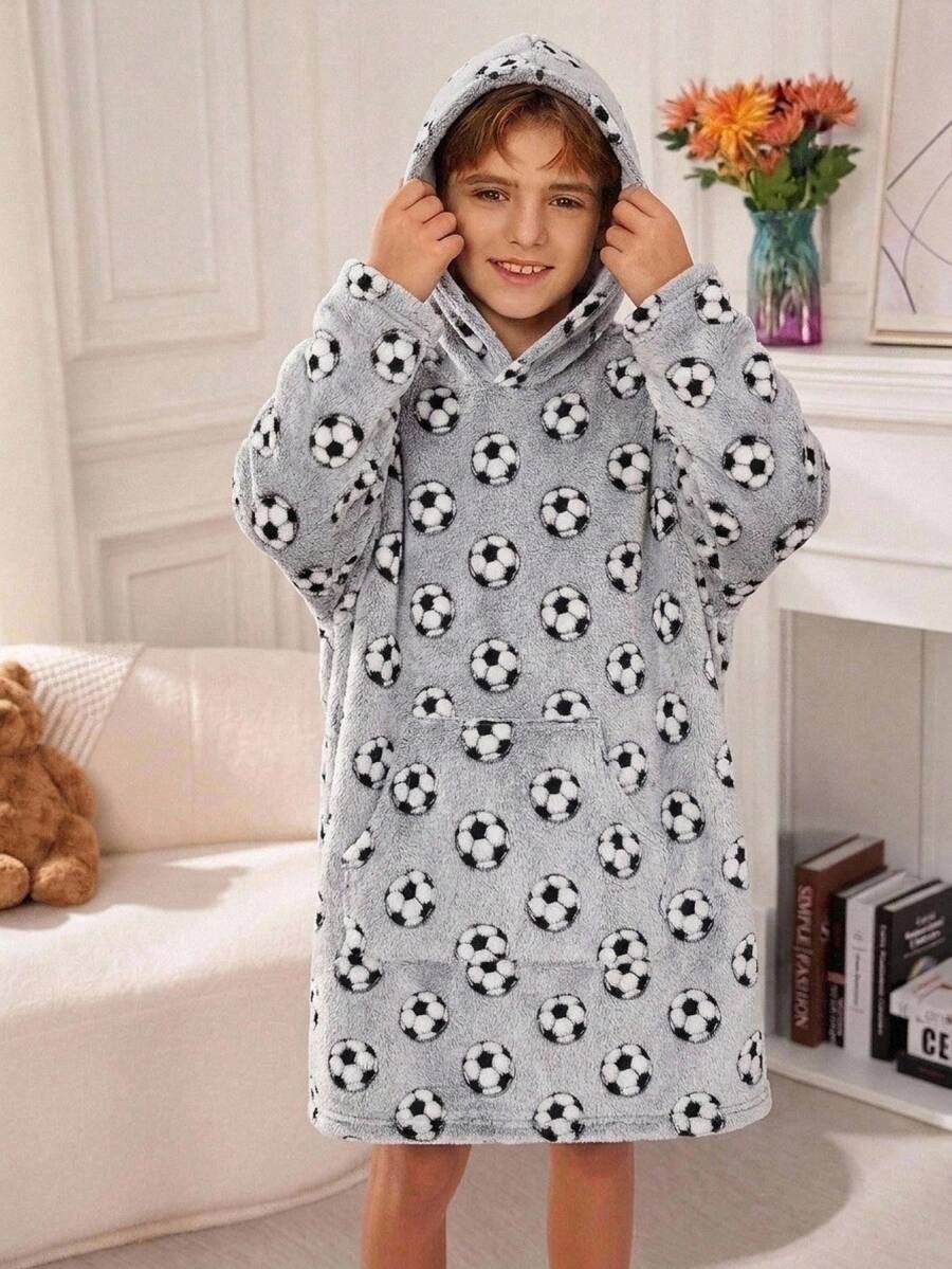 SHEIN Tween Boy Autumn/Winter Football Pattern Hooded Long Sleeve Kangaroo Pocket Fleece Long Pajamas - Grey - View 1