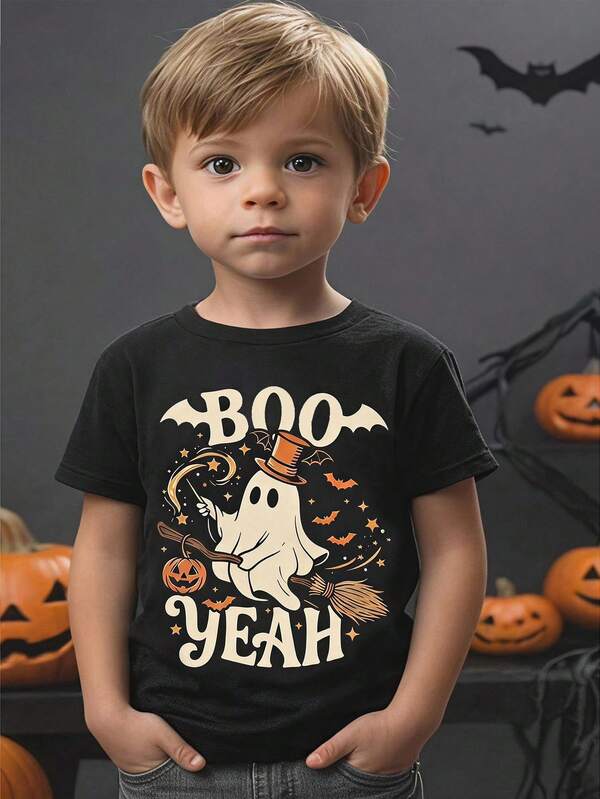 Camiseta de cuello redondo de moda casual para niño joven, diseño gráfico con elemento de Halloween, tela elástica y suave, versátil para niños en primavera, verano y otoño, adecuada para salidas casuales, regreso a la escuela, fiestas, picnics al aire libre, fotografía callejera, campus, vacaciones, regalos