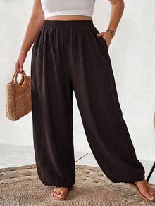 SHEIN CURVE+ Plus Size Minimalist Soft Form Elegant Casual Solid Color Loose Fit Textured Pants With Pockets Autumn Dates Office Brunch Formal Vacation Brown - Brown - View 6