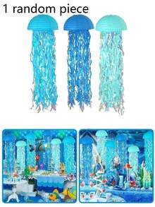3Pcs Gradient Blue Jellyfish Paper Lanterns, Hanging Ocean Mermaid Themed Decor, Colorful Streamer Ornament For Birthday Wedding Baptism Wall Home Party Decoration - Multicolor - View 8