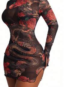 SHEIN SXY 玫瑰黑龍大尺碼女款性感長袖洋裝 - 彩色 - 查看 8