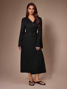 Lazeform Women's Lazy Comfortable Casual Classy Elegant Black Side Slit Loungewear Robe Lounge Formal Autumn - Black - View 5