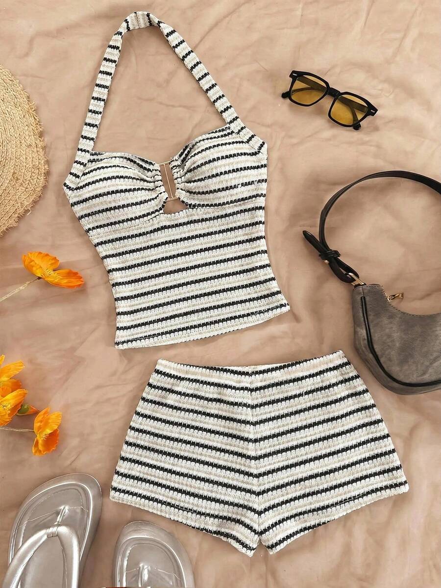 Soleia Women's Striped Ruffle Halter Top And Shorts Casual 2 Pieces Set No Chest Padding - Black and White - View 1