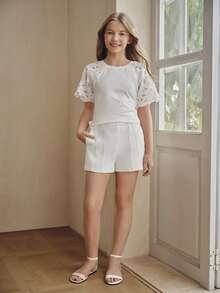 Anewsta Girls' White Casual Versatile Elastic Waist Shorts, Summer Outfit For Tween Girl - White - View 3