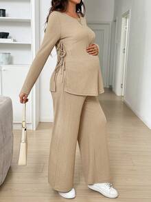 SHEIN 孕婦純色側開衩綁帶上衣與長褲兩件套 秋季 - 卡其色 - 查看 7