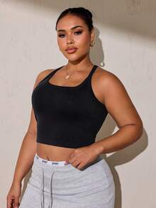 SHEIN Sports Plus Size Women's Solid Color Everyday Fitness Tank Top Sports Bra - Black - View 5