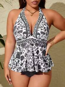 Swim Lushoire Set de 2 piezas Tankini de verano de tallas grandes con estampado de colocación multicolor, tirantes finos y espalda descubierta - Blanco y Negro - Ver 4