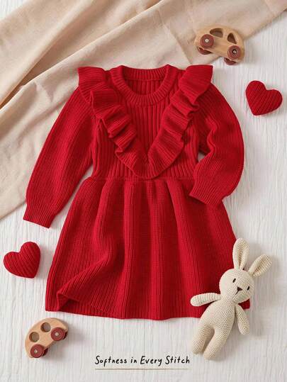 Cozy Pixies Babygirl Infant Girl Autumn/Winter Cute Solid Color Knitted Long Sleeve Dress, Burgundy Sweater Dress