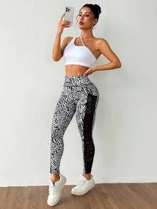 SHEIN Sports Leggings deportivos de mujer con estampado de leopardo & cebra y malla de contraste - Blanco y Negro - Ver 3