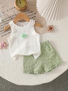 SHEIN Vintaside Kids Baby Girl Cute Jacquard Top & Jacquard Shorts Set, Spring/Summer Baby Girl Summer Outfits White And Green Baby Outfit - Multicolor - View 1