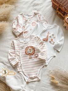 SHEIN Vintaside Kids 新生兒春秋款白色純色交叉前襟舒適可愛趣味優雅極簡時尚長袖彈性連身衣多件套裝 - 彩色 - 查看 2
