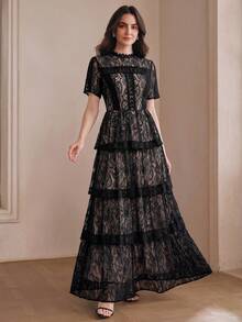 Anewsta Vestido elegante y versátil de verano nuevo con manga corta, capas de encaje y volantes en el bajo - Negro - Ver 5