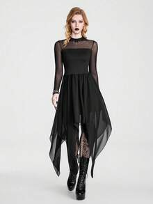 Breakform Gothic Halloween Sexy Sheer-Panel Asymmetric Stretch Dress – A Classic, Slimming, Versatile Mock-Neck Dress For The Dark, Cool Girl Aesthetic - Black - View 6
