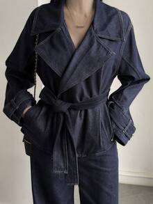 DAZY Setelan Denim Kasual Musim Gugur: Mantel Trench Pendek Wanita dan Celana Panjang Lurus - Dark Wash - View 1