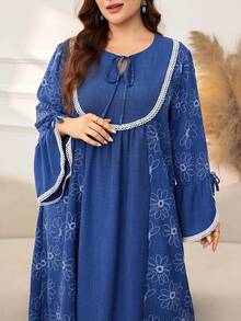 Lacomfia Casual Boho Printed Patchwork Solid Color Notch Neck Long Sleeve Loose Regular Fit Plus Size Dress Spring Autumn Vacation Formal Blue - Blue - View 1