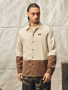 Men Two Tone Letter Patched Detail Corduroy Shirt, For Fall, Long Sleeve Top, Vacation, Multicolor, Button Front, Collar, Regular Fit, - Multicolor - View 2