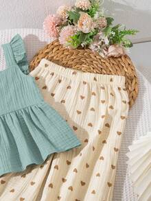 SHEIN Genkimix Kids 女童 2 件套，純色上衣與愛心印花長褲套裝，可愛春/夏外出與度假穿搭 - 綠色 - 查看 5