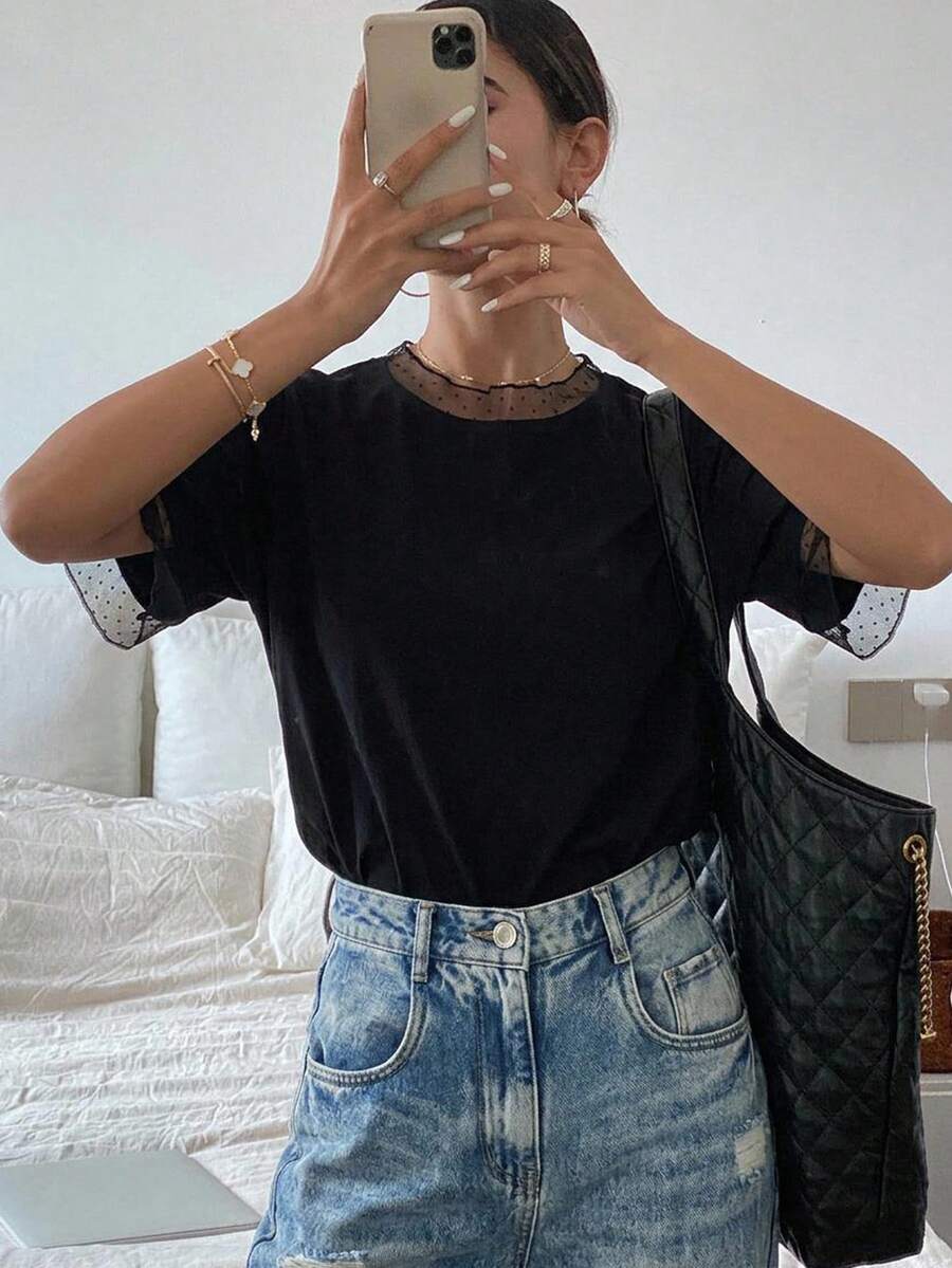 FRIFUL Women's Summer Spring Solid Color Sheer Mesh Loose Casual Versatile T-Shirt - Black - View 1