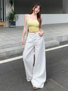 DAZY Tween Girl Casual Versatile Solid Color Wide Leg Denim Jeans - White - View 8