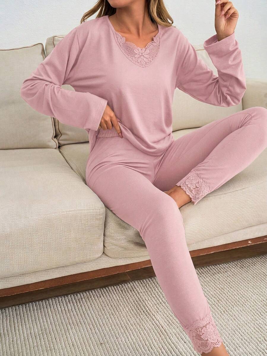 Loomlin 2pcs Cotton V Neck Lace Detail Homewear Set - Baby Pink - View 1