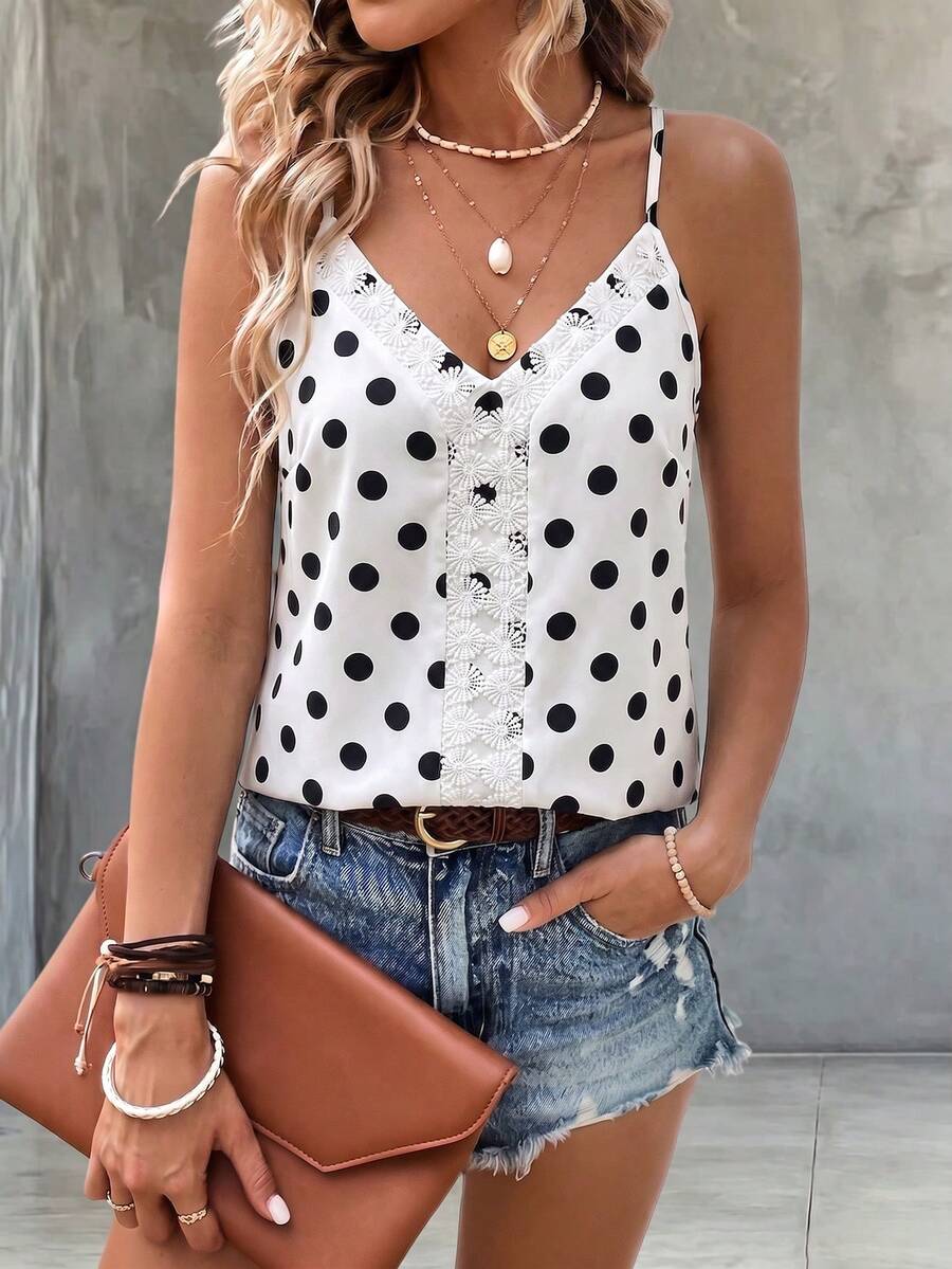 SHEIN Holidaya 女款圖案印花細肩帶背心上衣 圖案 T-shirt 上衣 - 白色 - 查看 1
