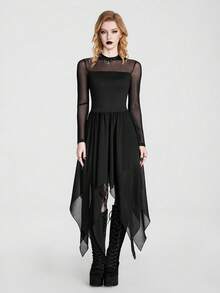Breakform Gothic Halloween Sexy Sheer-Panel Asymmetric Stretch Dress – A Classic, Slimming, Versatile Mock-Neck Dress For The Dark, Cool Girl Aesthetic - Black - View 4