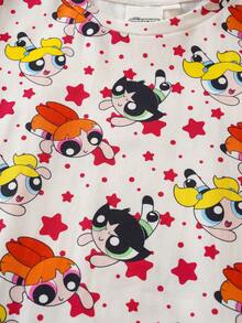 THE POWERPUFF GIRLS X SHEIN 女童全印花圓領短袖上衣與短褲休閒居家睡衣套裝 - 杏色 - 查看 4