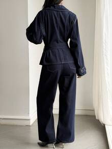 DAZY Setelan Denim Kasual Musim Gugur: Mantel Trench Pendek Wanita dan Celana Panjang Lurus - Dark Wash - View 4