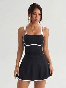 Dewbera Dewbera Sport Double Strap Contrast Edge Athletic Sporty Sexy Mini Dress Tennis Gym Black Summer - Black and White - View 7
