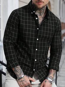 Manfinity Homme 男士藍色格紋商務長袖襯衫 - 黑色 - 查看 5