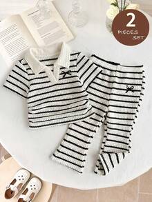 SHEIN LMoss Kids 女婴条纹Polo衫+喇叭裤两件套，休闲蝴蝶结印花套装 - 黑與白 - 查看 4