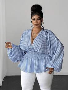Maweii Plus Size Blue Striped Deep V-Neck Petal Sleeve Cinched Waist Ruffle Hem Casual Fashion Blouse Fall - Blue - View 6