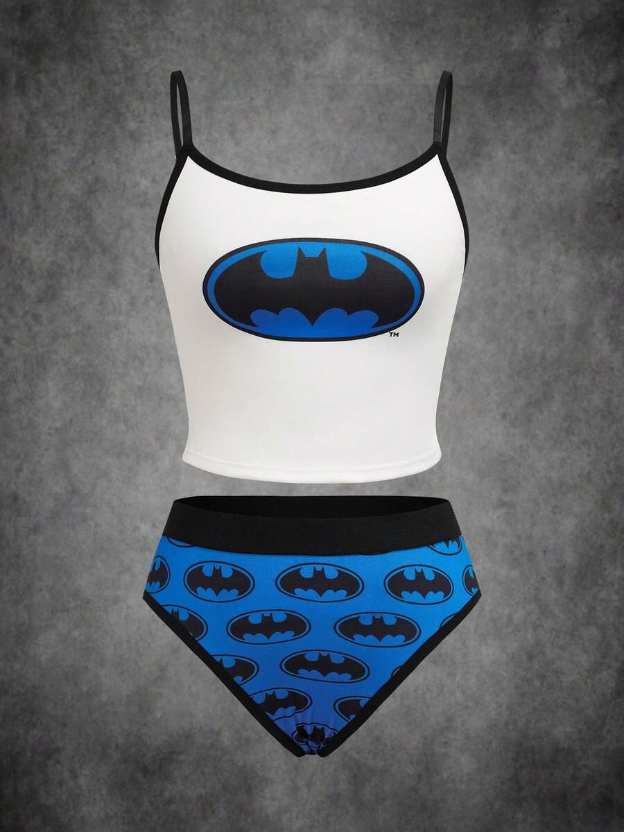 BATMAN X SHEIN 2件組女款內衣套裝 吊帶背心與三角內褲 - 藍色 - 查看 1