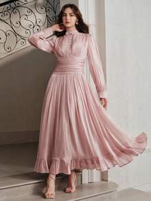 Anewsta Women's Autumn/Winter French Elegant Vintage Court Style Stand Collar Button-Up Pleated Cinched Waist Full Skirt Dress - Pink - View 6