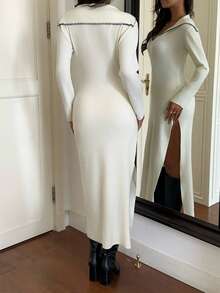 Autumina Black And White Slim Fit Flattering Lapel Elegant Minimalist Fashion Commuter Knit Long Dress For Women Dinner Brunch Autumn - White - View 2