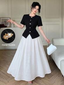 Modelyn Metal Button Closure Top & Contrasting Color Flared Skirt Suit - Black and White - View 6
