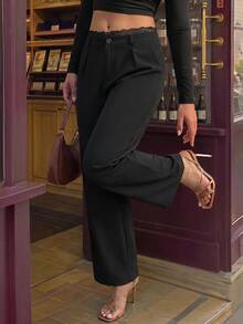 SHEIN MOD Plus Size Black Lace Patchwork High Waist Wide Leg Pants - Black - View 3