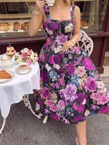 SHEIN MOD Plus Size Summer Elegant Romantic Retro Floral Print Dress,Beach Dress Sundress,Holiday Outfits Boho - Purple - View 2