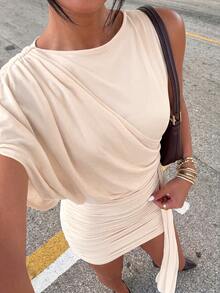 Firerie Women's Elegant Sexy Vacation Asymmetrical Draped Neckline Solid Color Short Dress Suitable For Party Night Out Date Night Orange Summer - Apricot - View 4