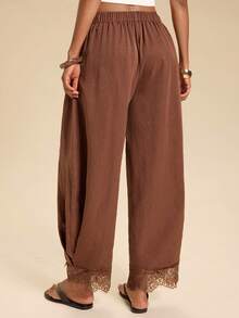 Travachic Women's Solid Color Contrast Lace Trim Lantern Pants Loose Casual Elastic Waist Long Pants Squishy's - Coffee Brown - View 2