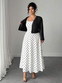 SHEIN Elenzya Plus Size 2pcs Polka Dot Spaghetti Strap Long Cinched Cinched Waist Set - Black - View 4