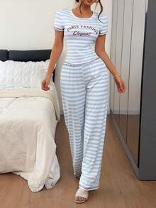 Napfluff Letter Print Blue & White Striped Casual Pajama Set, Comfortable Home Short Sleeve 2 Pieces Set - Blue - View 2
