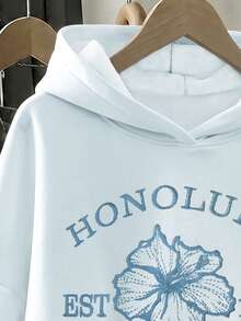 薄荷藍 Tween 女孩休閒復古字母刺繡海灘風海洋波希米亞刺繡圖案厚實柔軟連帽衛衣，適合秋冬日常穿著，Chill Chill - 彩色 - 查看 4