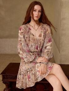MOTF PREMIUM WOMEN'S EARLY AUTUMN ALLOVER PRINT SHORT DRESS BRUNCH VACATION BEIGE BOHO - Multicolor - View 7
