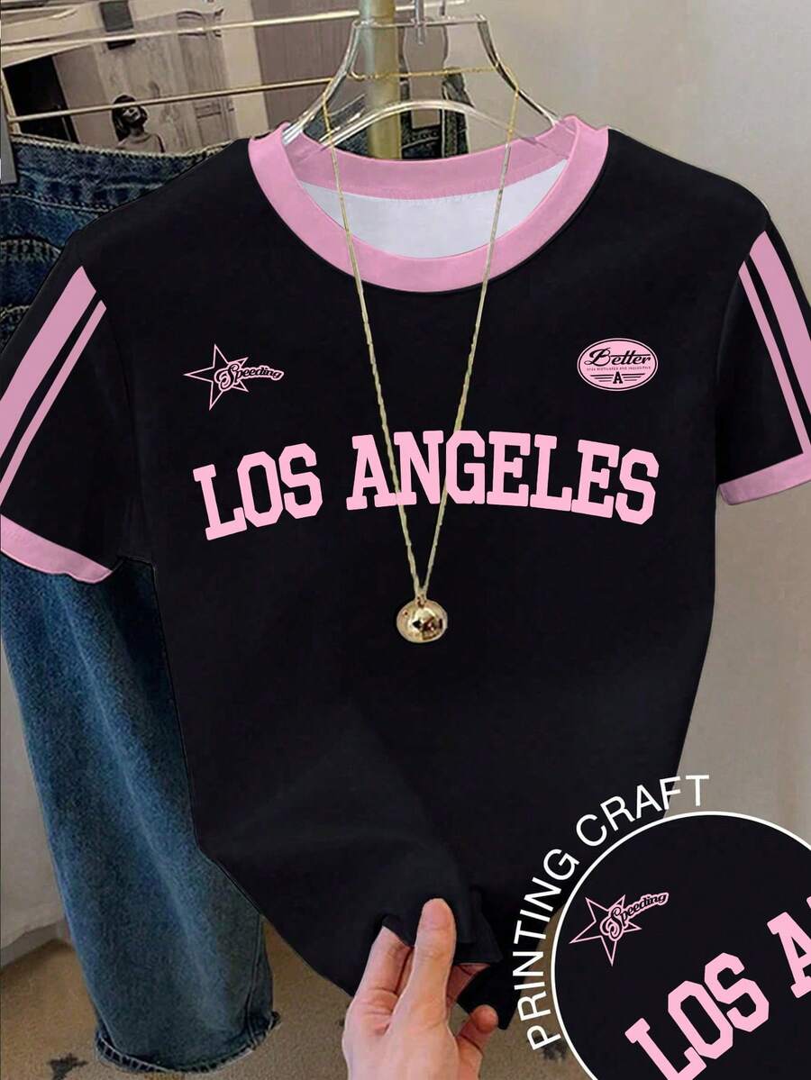 休闲复古撞色印花图案T恤,“LOS ANGELES”字样,街头风,圆领短袖露脐高腰常规款T恤,适合夏季、日常穿着、返校季、姐妹装、度假、情人节等场合。洛杉矶主题T恤,青少年女孩上衣,时尚E-girl服装,青少年女孩T恤。 - 彩色 - 查看 1