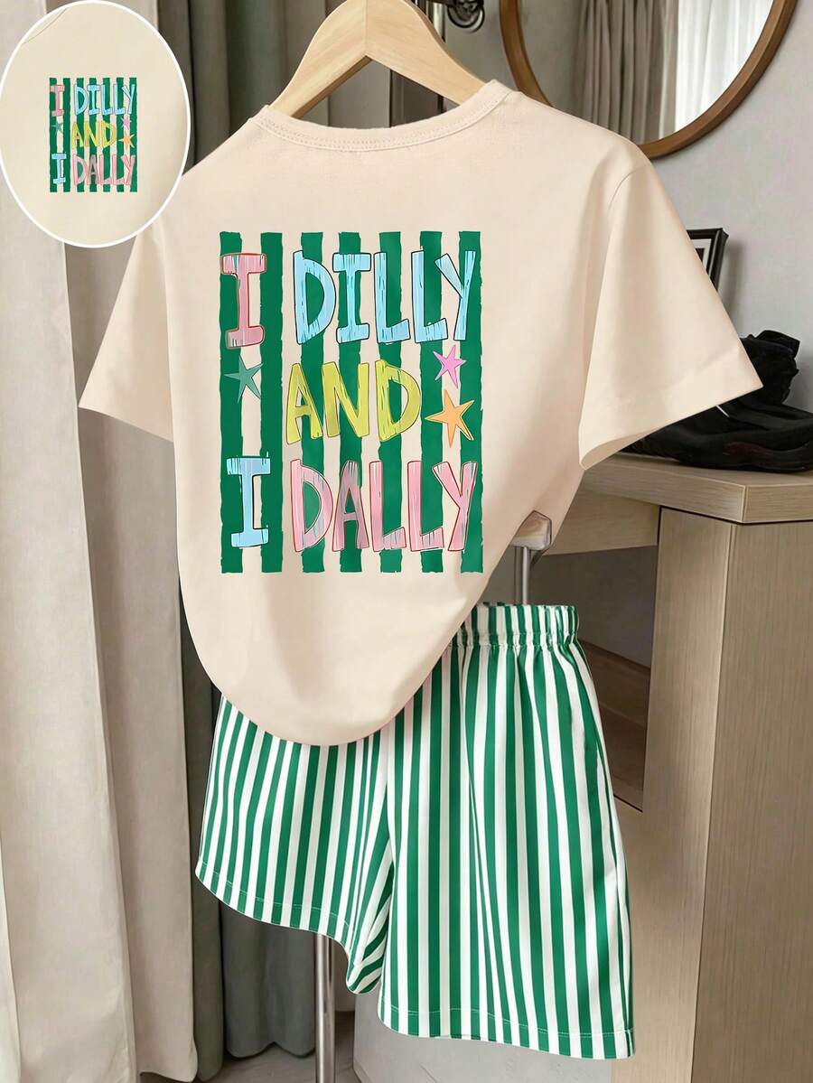 女童時尚創意綠色條紋彩色字母印花基本款短袖T恤與白色綠色直條紋短褲套裝 - 彩色 - 查看 1