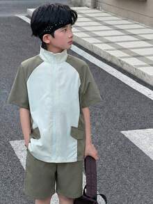 SHEIN Little Byeori 男童舒适日常宽松韩版时尚条纹衬衫配撞色短裤套装（2件套），适合春夏季节日常穿着、运动、郊游、上学、聚会、节日、拍照、返校季等场合。 - 軍綠色 - 查看 6
